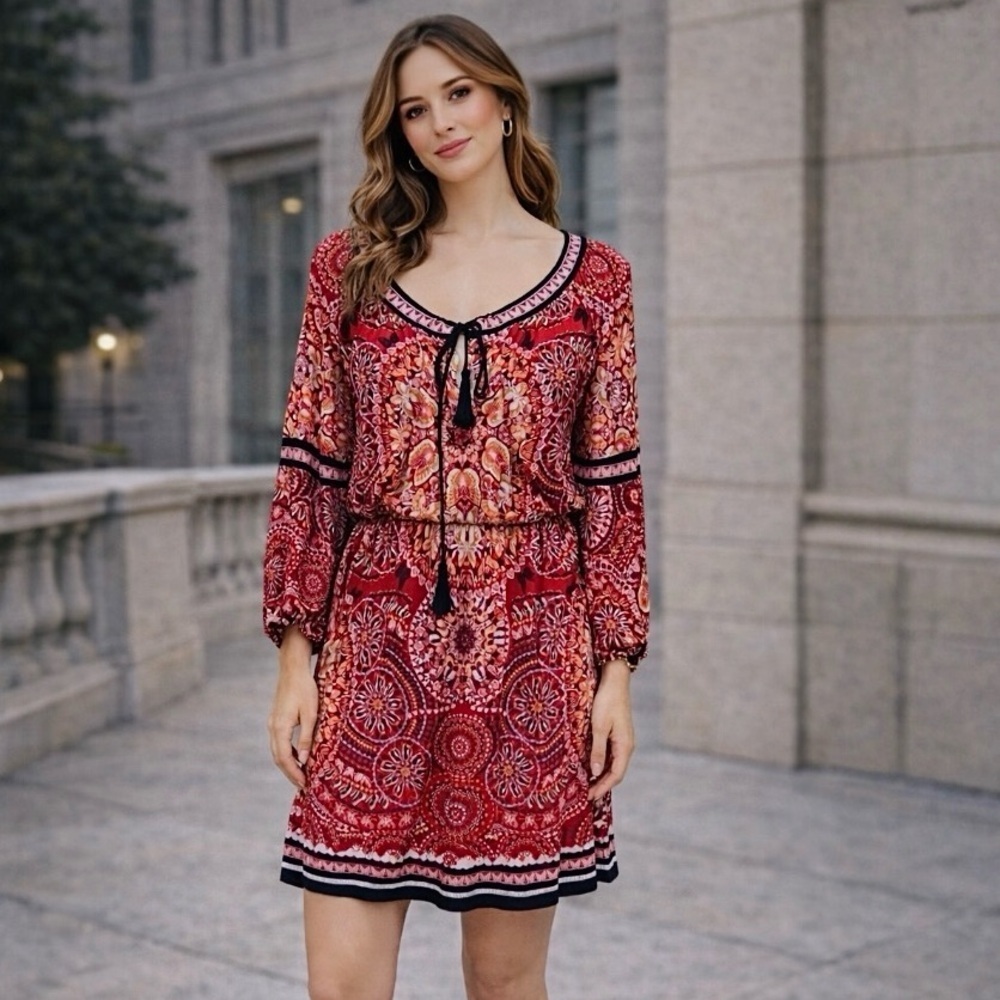 Chelsea & Violet Red Butterfly Print Long Sleeve Bohemian Dress Size S